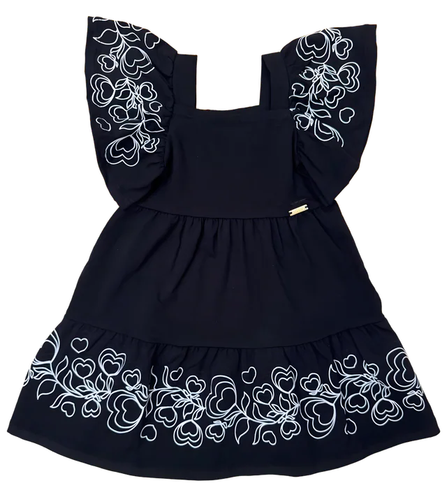 Vestido marinho com mangas de babado e estampa de corações